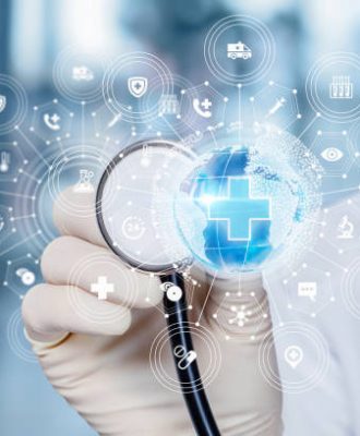 The concept of global health care . The doctor listens to the structure of the global health care.